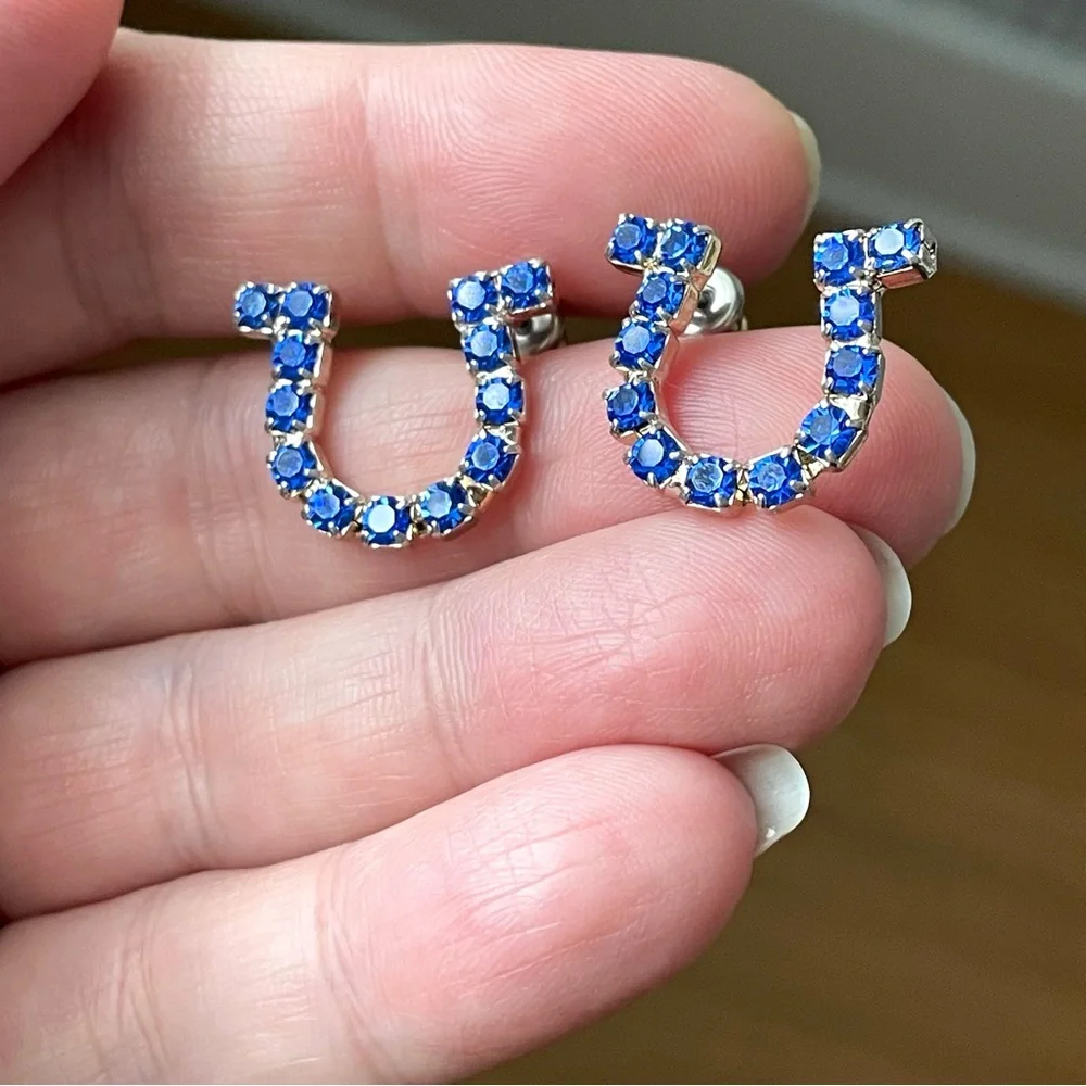 Vintage silvertone & blue rhinestone horseshoe pierced earrings kitsch good luck - Picture 7 of 7